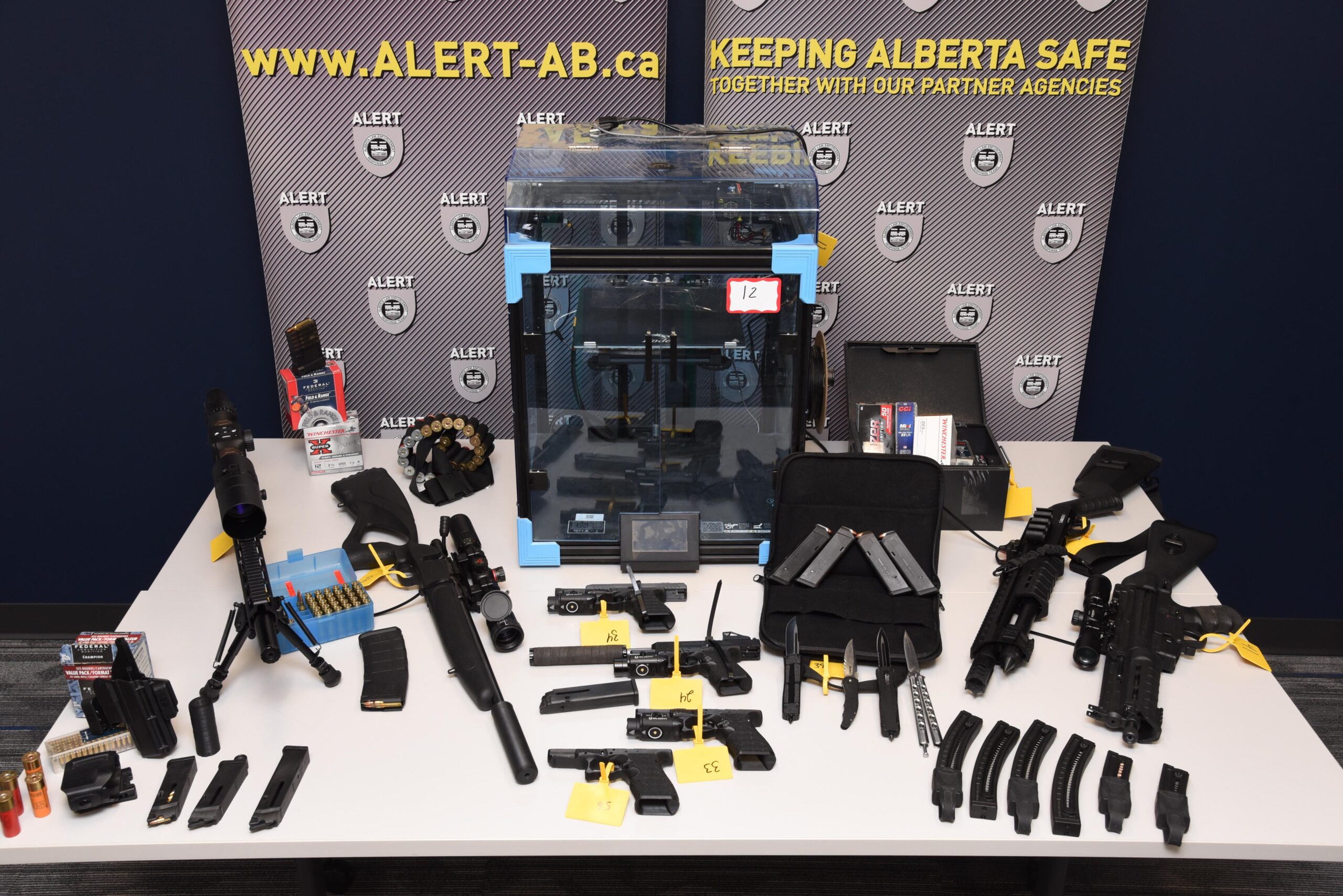 3D-printed firearms, handguns, and rifles seized from Brooks, Alberta.