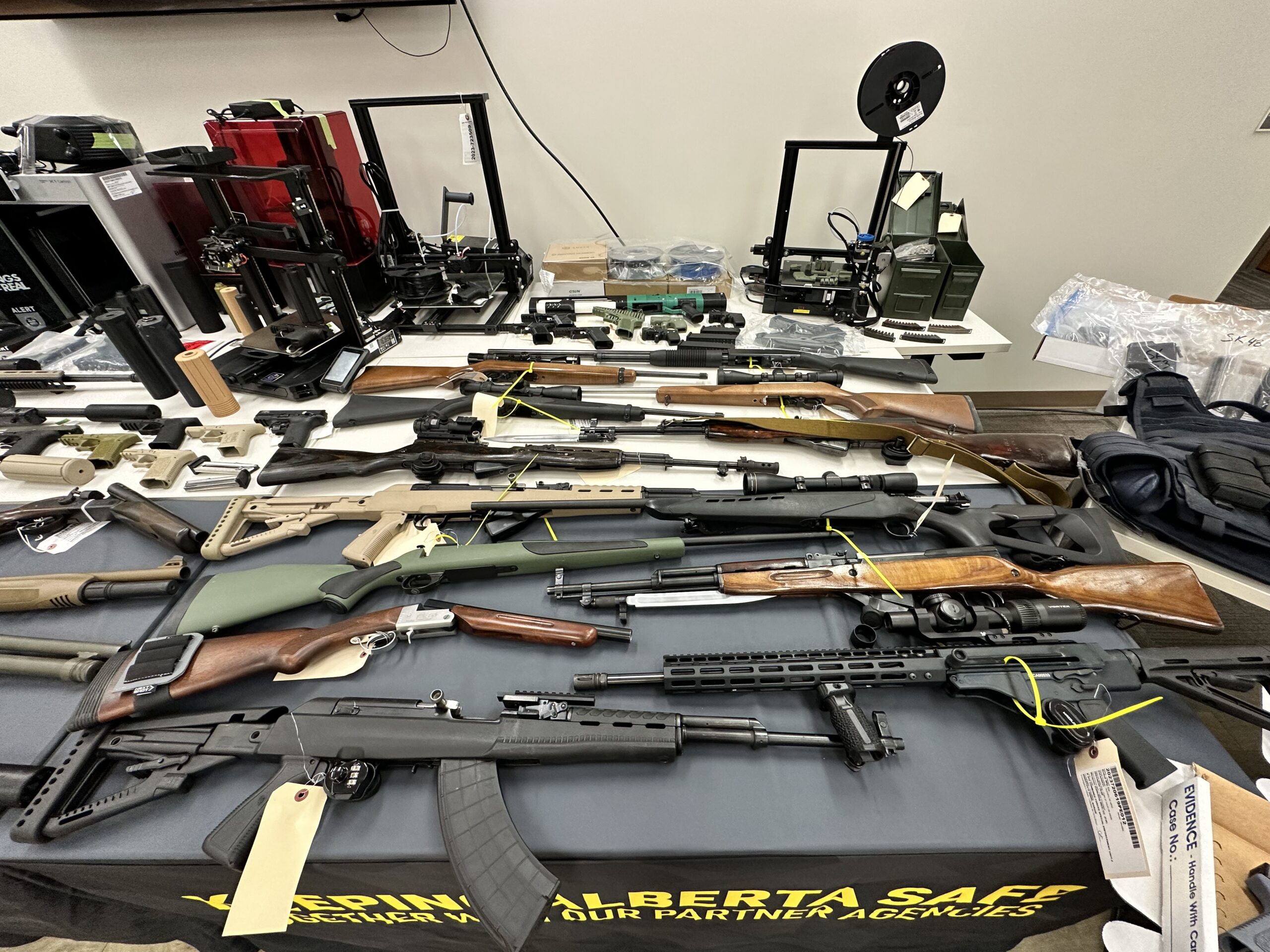 3D-printed firearms, handguns, and rifles seized from Lloydminster, Alberta.
